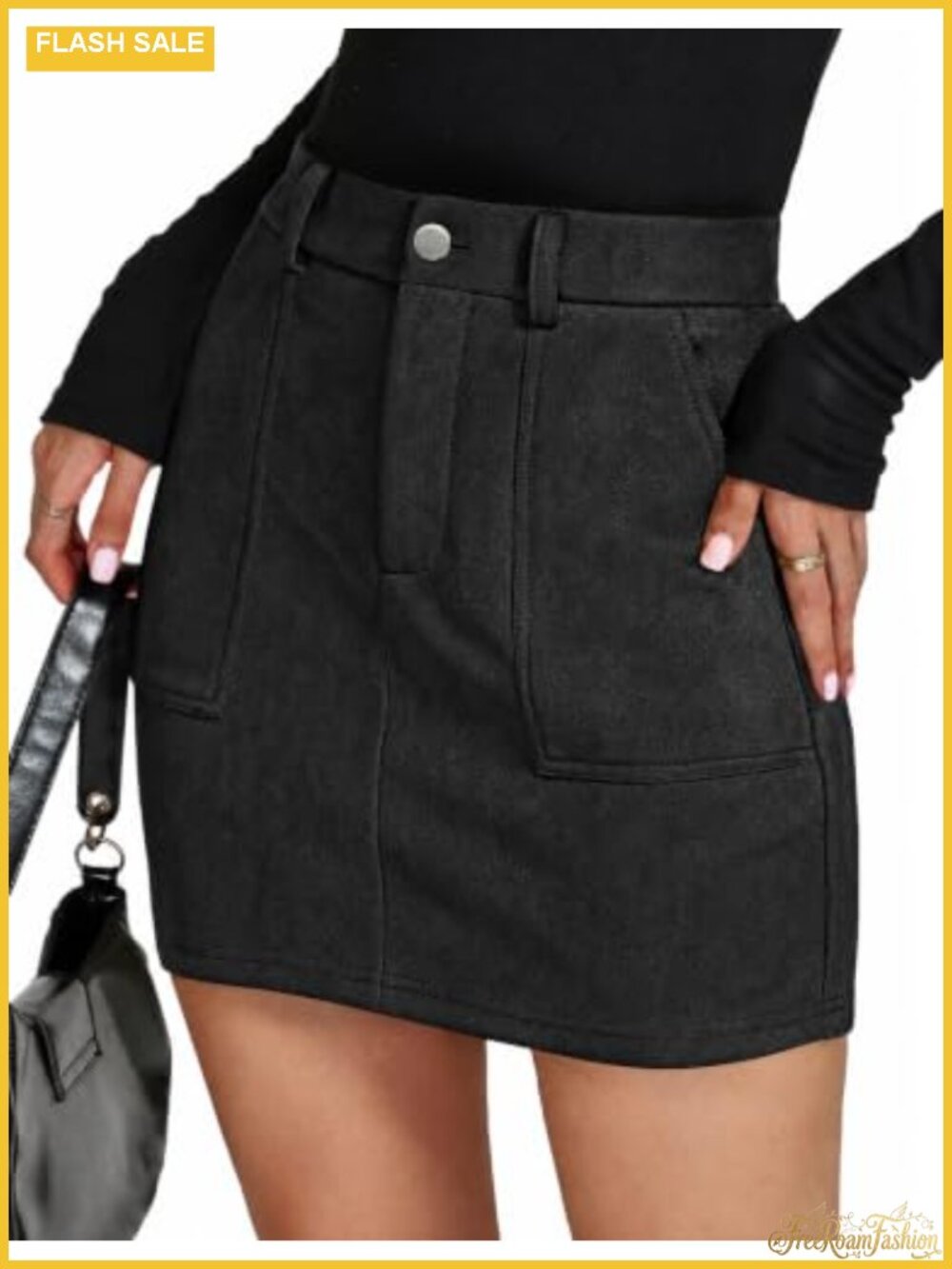 Faux Suede Mini Skirt High Waist Pencil Pockets Bodycon